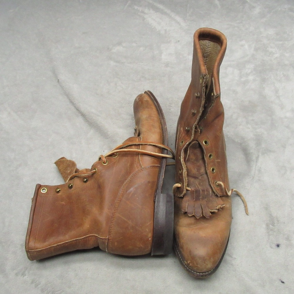 Justin Womens 8D Lace-R Boots Brown Leather Kiltie Fringe Roper Western VTG